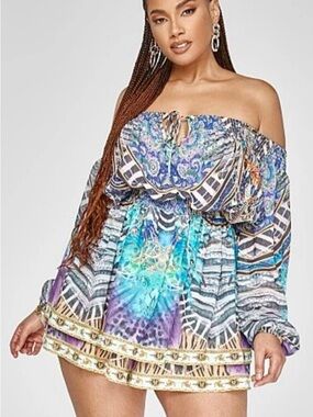 NEW GarnerStyle x FTF Multi-Color Printed Off-The-Shoulder Romper Dress– Size 1
